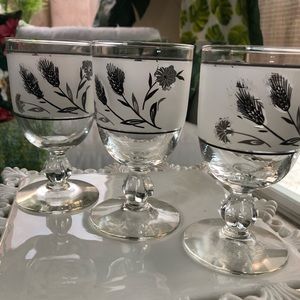 Set of 3) Vintage Libby Silver Leaf & Frosted Stemware Glassware
